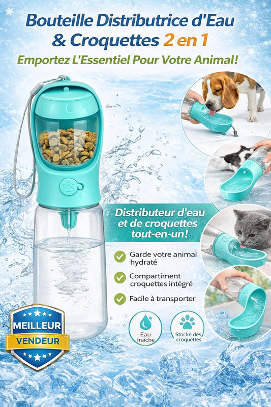 Gourde pour Chien et Chat 2 en 1 — Bouteille d’Eau Portable avec Distributeur de Croquettes pour Balades