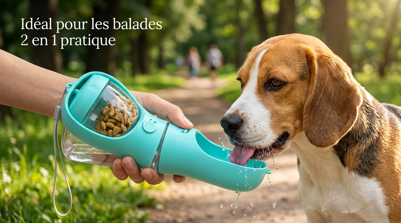 Gourde pour Chien et Chat 2 en 1 — Bouteille d’Eau Portable avec Distributeur de Croquettes pour Balades